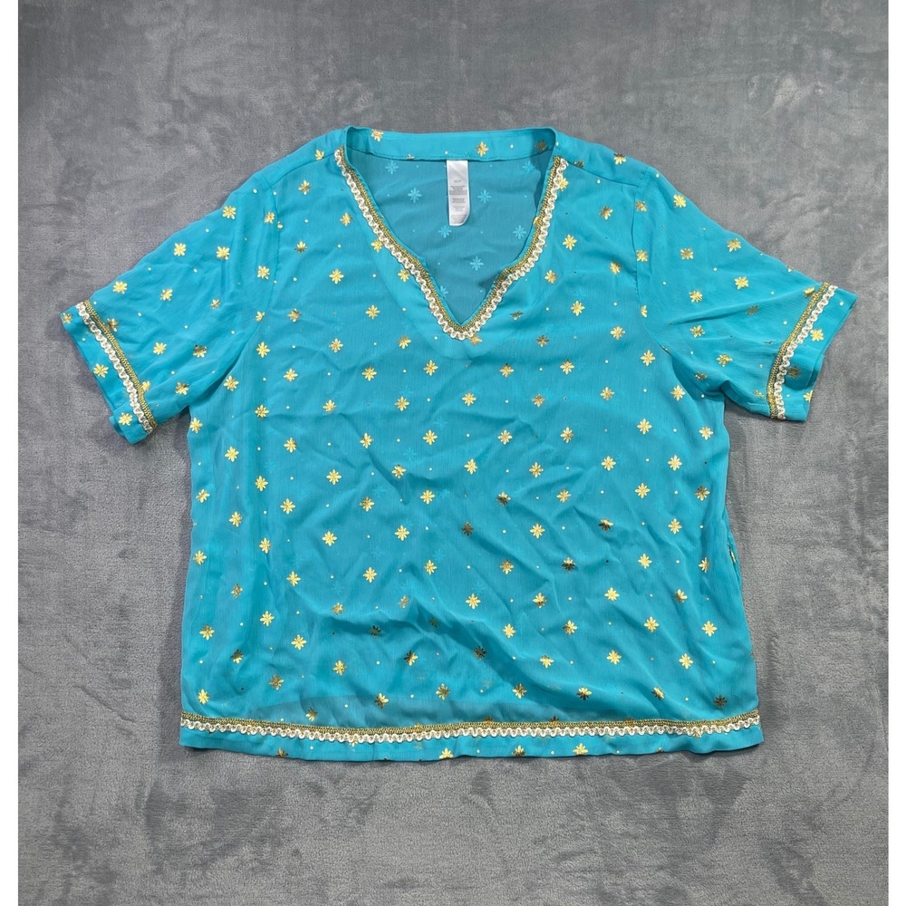 Turquoise Gold Foil Starburst V-Neck Blouse Braided Trim Short Sleeve 2X